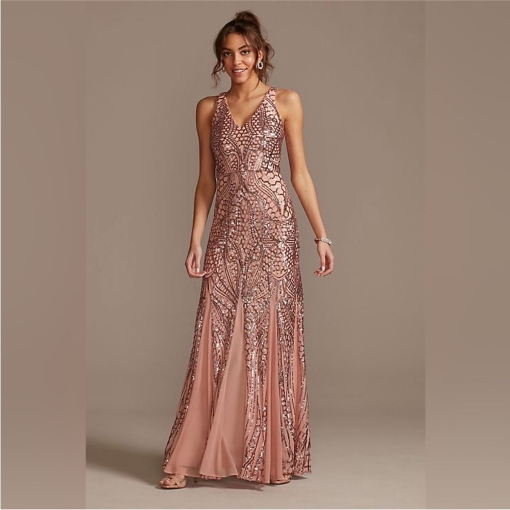 Nightway Collection Sleeveless Sequin V-neck Embellished Dress with Godet Pleats